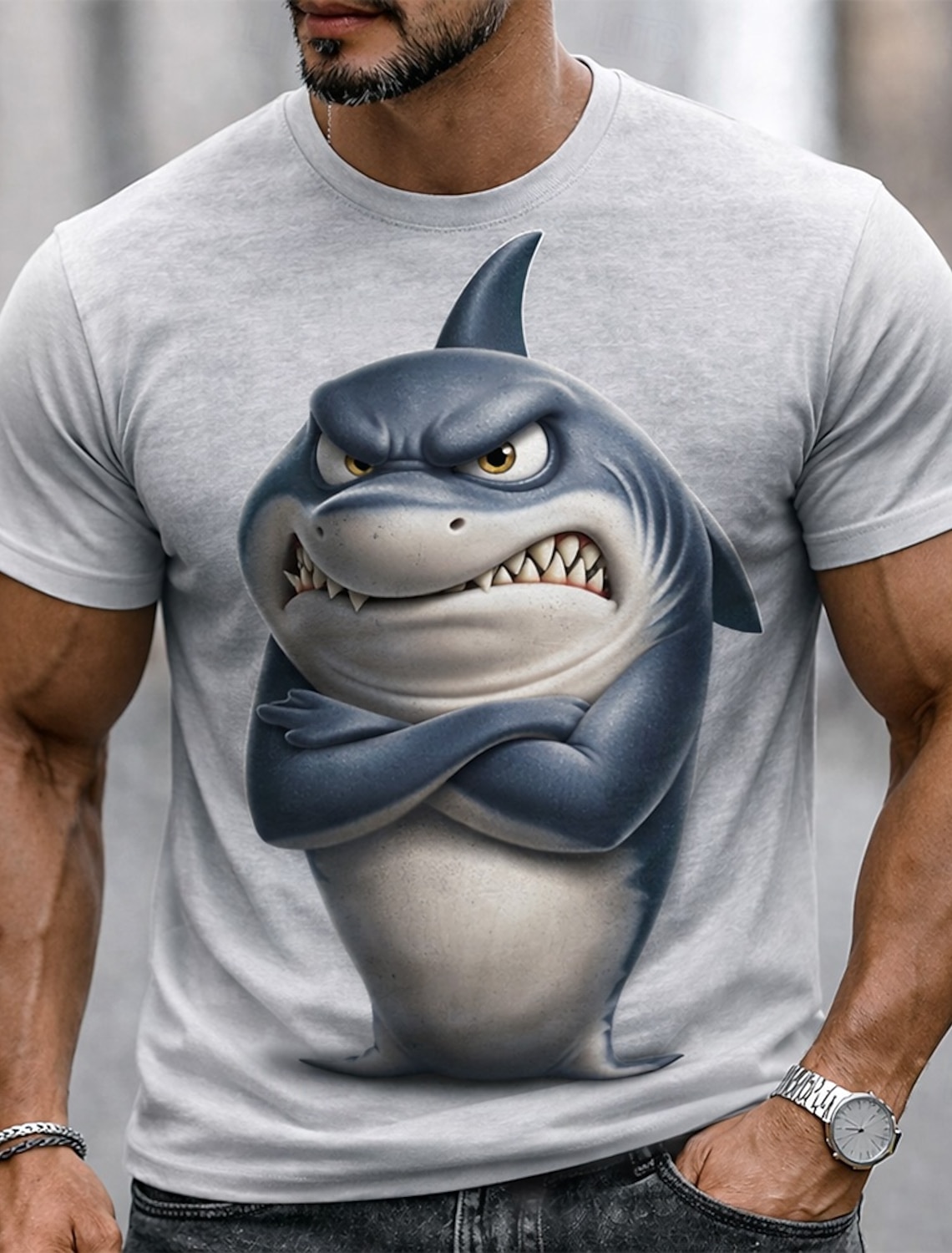 Men's Angry Shark Arms Crossed Baring Teeth Grumpy Cartoon Funny Humorous Quirky Short Sleeve T-Shirt Graphic Casual Fit Streetwear Daily Wear Designer Clothing Apparel S M L XL XXL XXXL