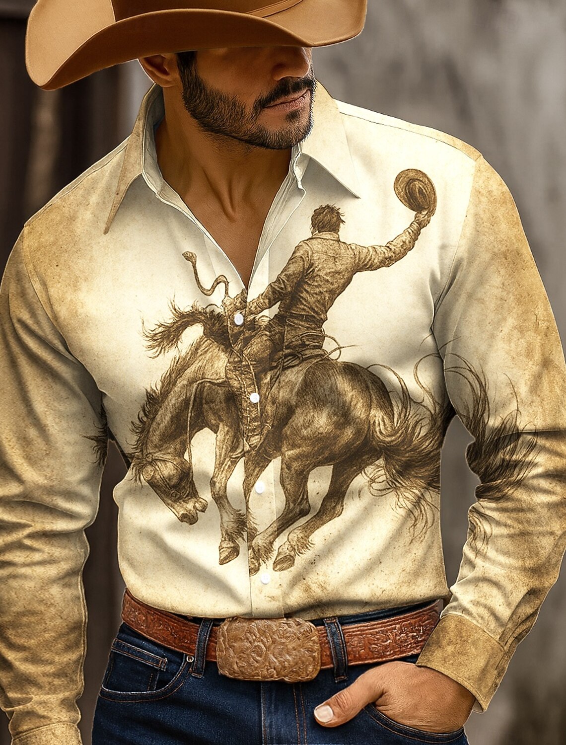 Men's Horse Racing Shirt Button Up Cowboy Long Sleeve Western Style