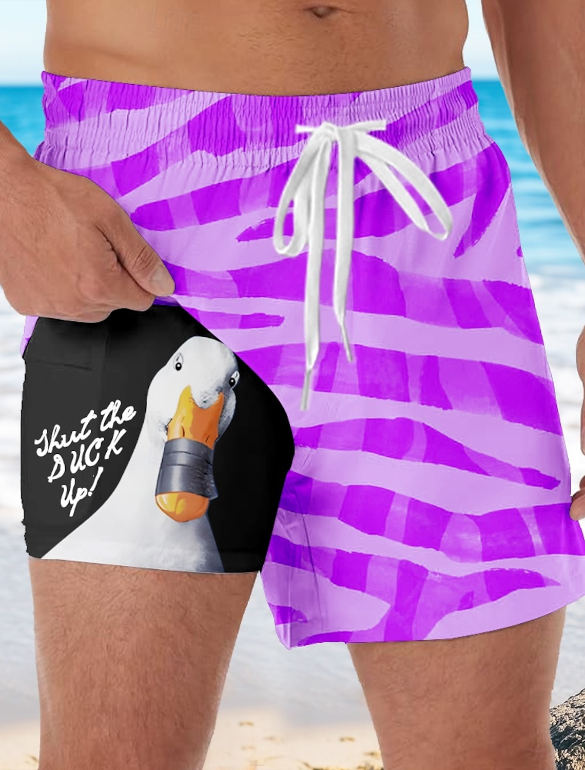 Men's Coconut Tree Funny Duck Lined Shorts 2 in 1 Board Shorts Swim Shorts Mid Waist Hawaiian Vacation Beach Wear Side Pockets With Compression Liner Elastic Drawstring Waist Designer Clothing Apparel
