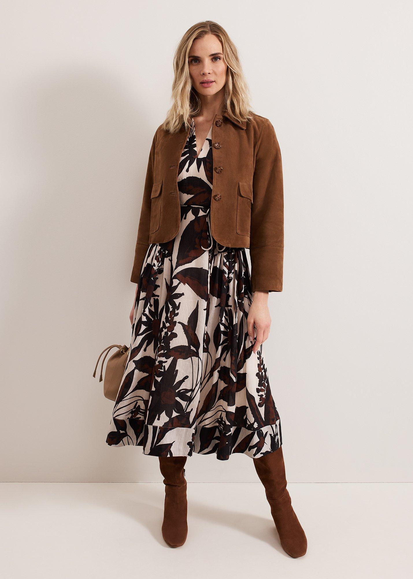 Zarah Printed Puff Sleeve V Neck Midi Dress