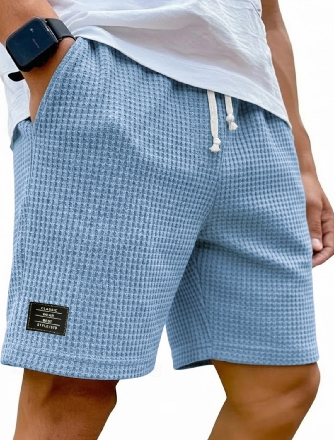 Men's Waffle Shorts Shorts Summer Shorts Beach Shorts Casual Shorts Pocket Elastic Waist Plain Comfort Breathable Knee Length Casual Outdoor Beach Vacation Fashion Black White Micro-elastic
