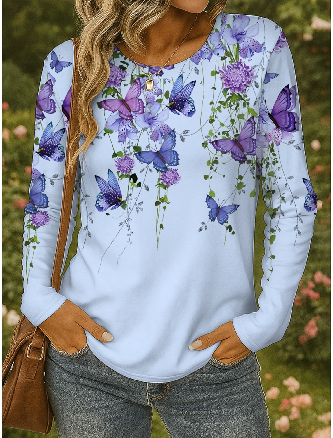 Women's T shirt Long Sleeve Crew Neck Long Sleeve Tunic Floral Graphic Butterfly Vintage Stylish Classic Round Neck Regular Tops Daily Print Black White Yellow Pink Blue Fall Prefall