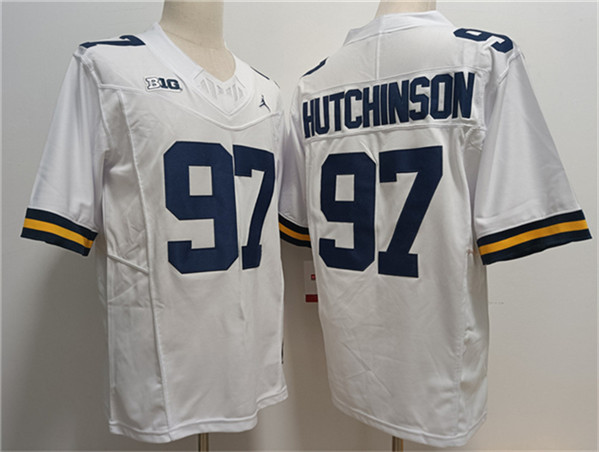 Men's Michigan UM White 2023 away jersey Aidan Hutchinson #97 durabl