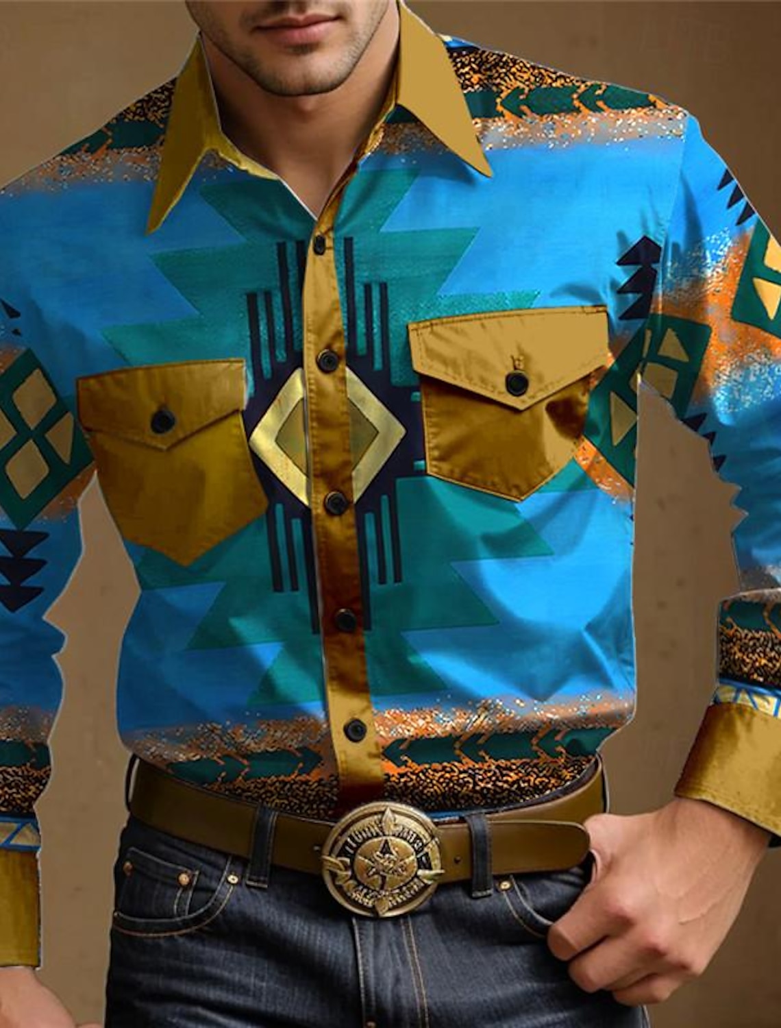 Men's Cowboy Western Shirt Button Up Shirt Cowboy Shirt Long Sleeve Vintage Western Daily Wear Weekend Spring Fall Winter Turndown Collared Shirts 3D Print Front Pocket Blue Purple Brown