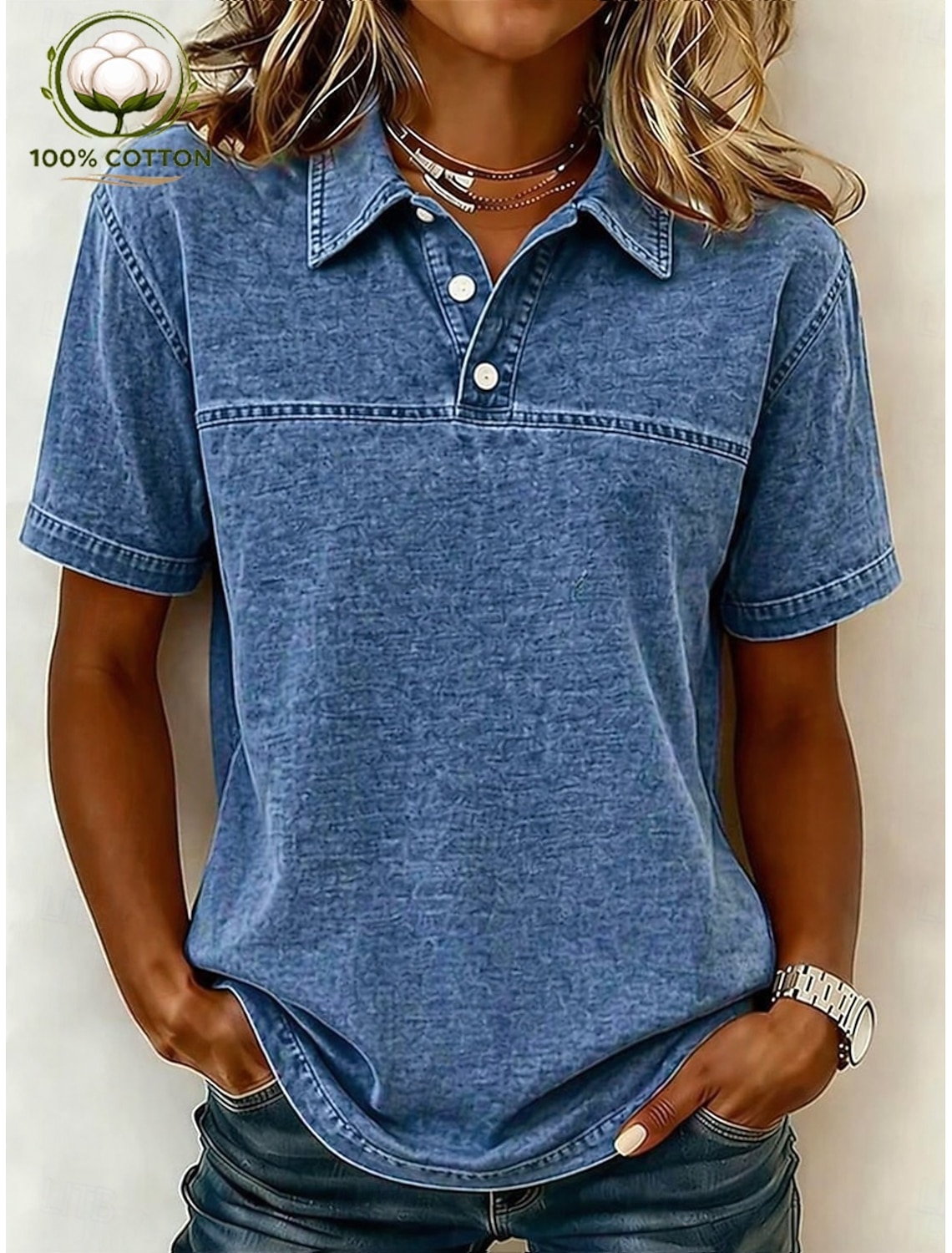 SoftFade™ Women's Vintage 100% Cotton Henley Shirt - Soft Washed Short Sleeve Basic Tops