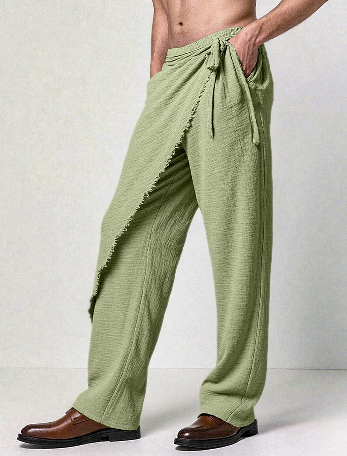 Men's Linen Pants Trousers Summer Drawstring Elastic Waist Straight