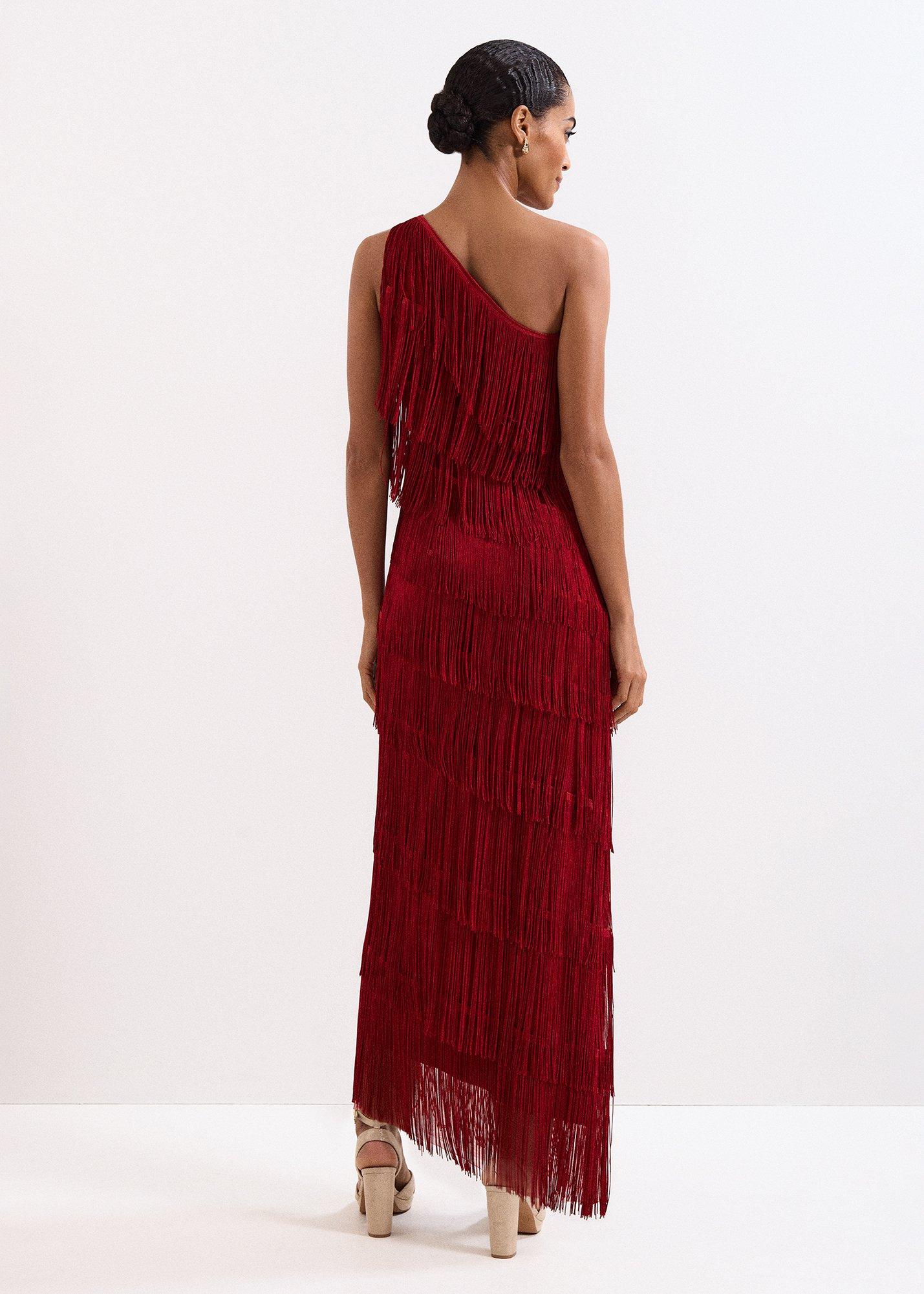 Otto Red One Shoulder Fringe Maxi Dress