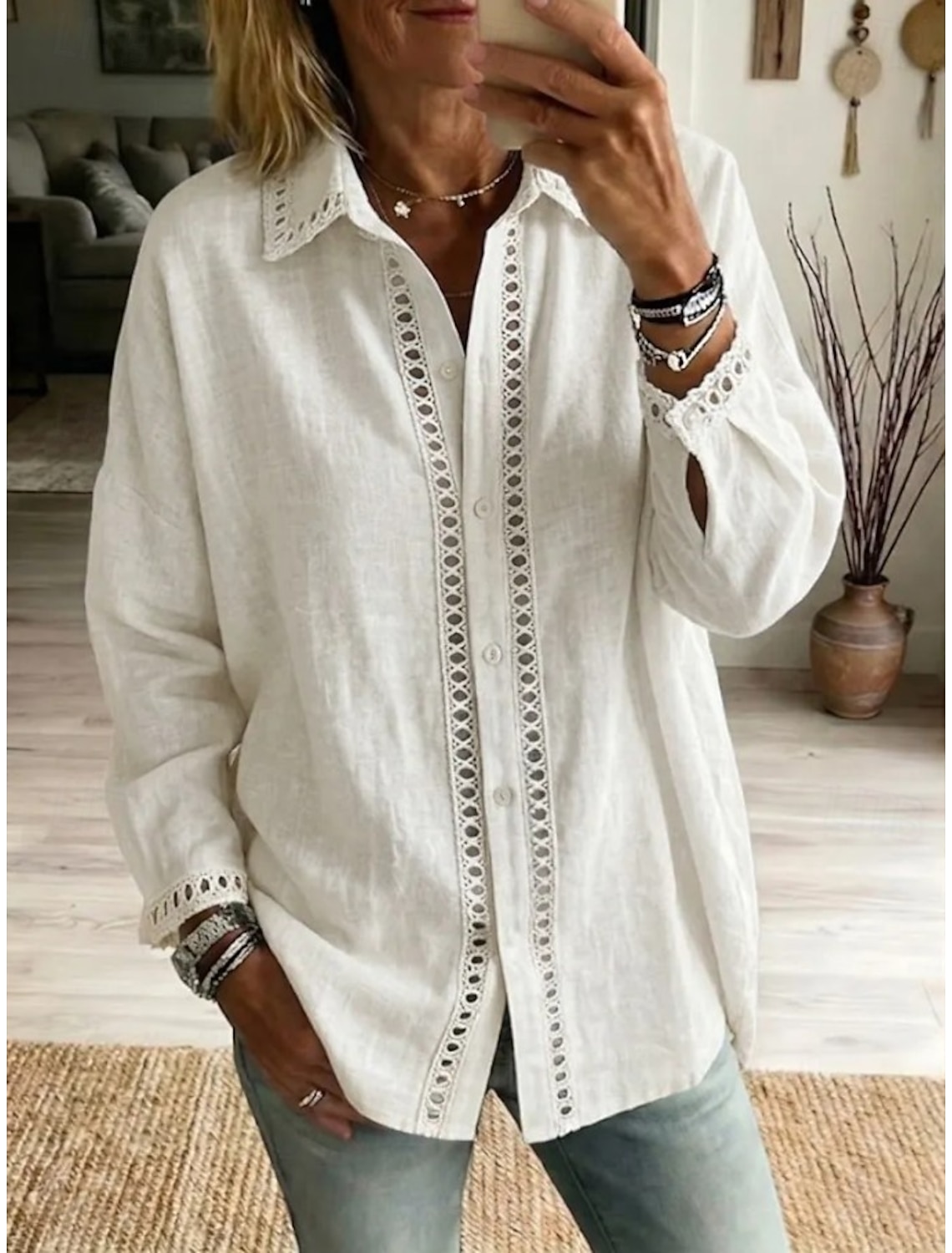 Women's Shirt Boho Shirt Lace Shirt Patchwork Elegant Bohemia Vacation Long Sleeve Long Tops Casual Blue White Pink Green Light Blue Summer Spring