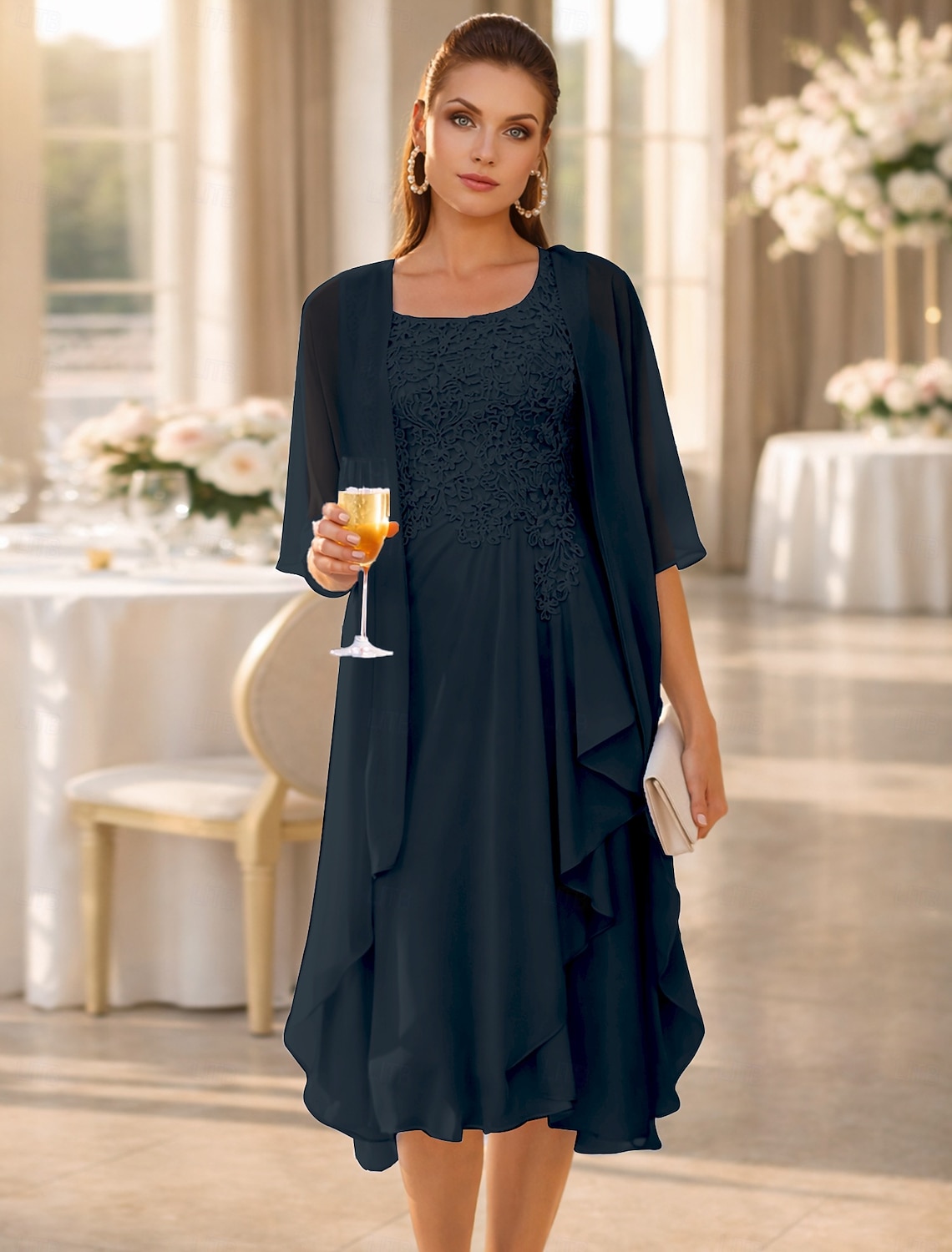 Two Piece A-Line Knee Length Wedding Guest Dress Mother of the Bride Dress Sleeveless Scoop Neck Elegant Wedding Guest Wedding Party Chiffon Lace Jacket Dresses with Pleats Appliques