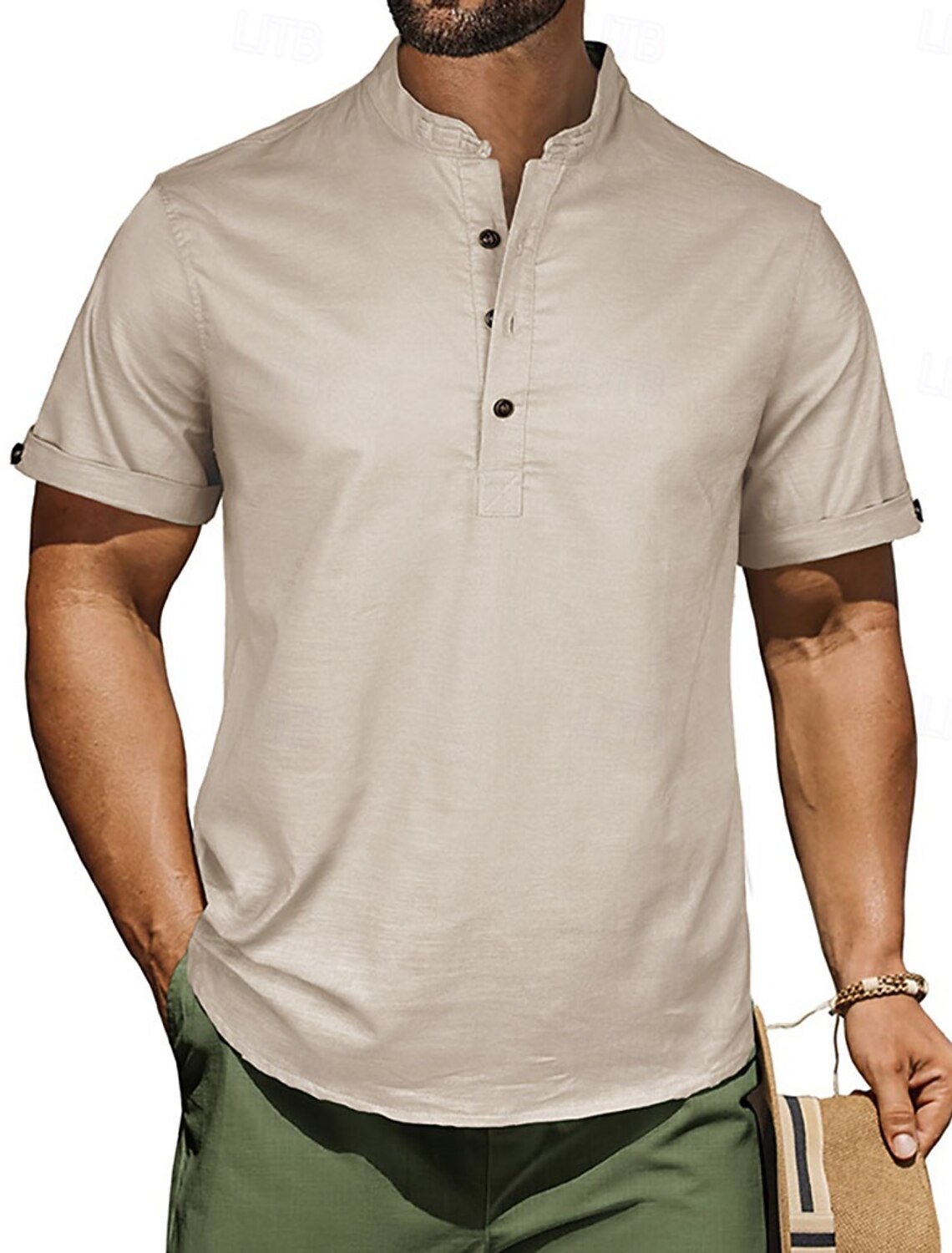 Men's Waffle T-shirt Linen Shirt T Henley Short Sleeve Stand Collar