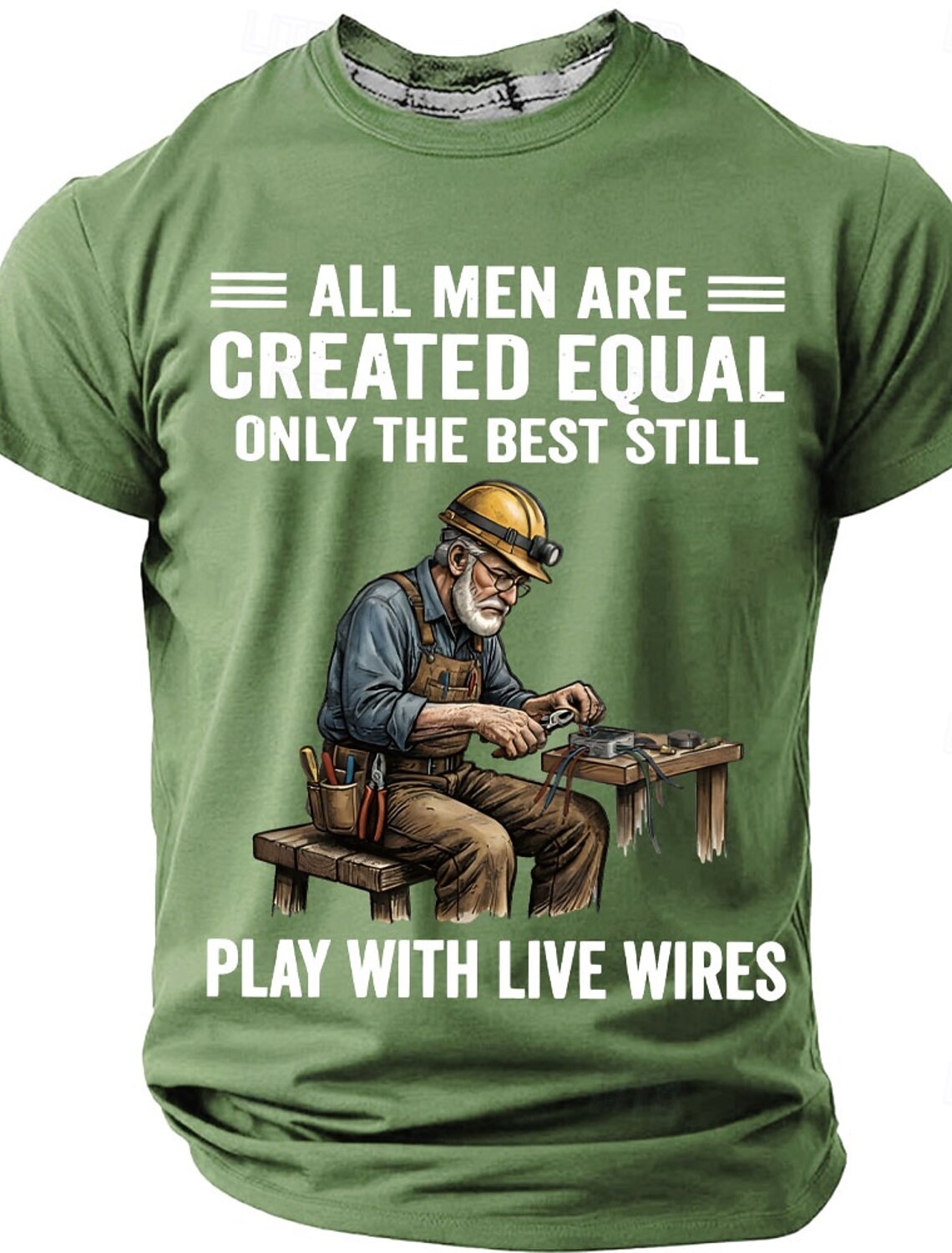 Men's Electrician All Men Are Created Equal Play With Live Wires Humorous Professional Graphic T-Shirt Short Sleeve Crew Neck Workwear Designer Clothing Apparel S M L XL XXL XXXL