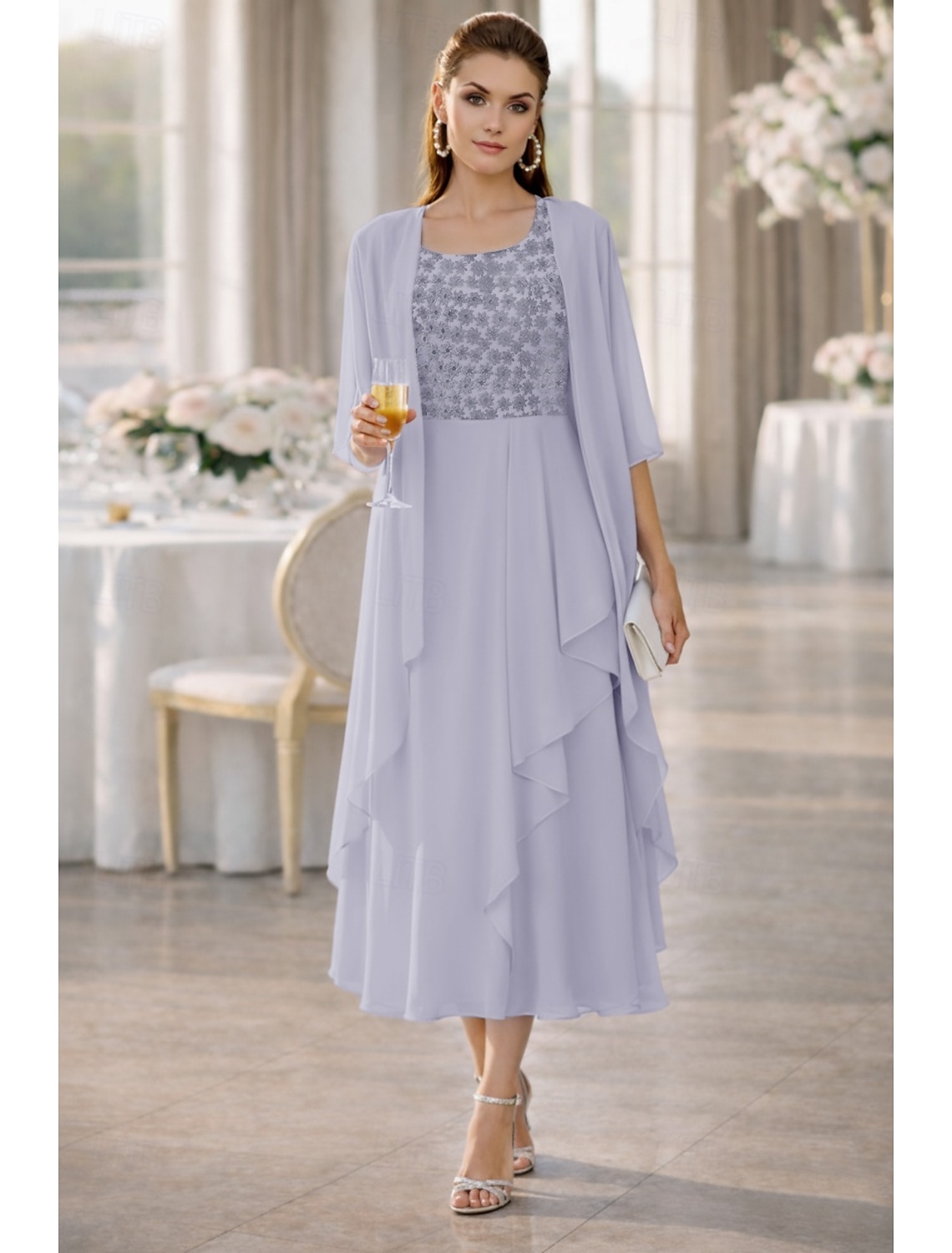 Two Piece A-Line Knee Length Wedding Guest Dress Mother of the Bride Dress Sleeveless Scoop Neck Elegant Wedding Guest Wedding Party Chiffon Lace Jacket Dresses with Pleats Appliques