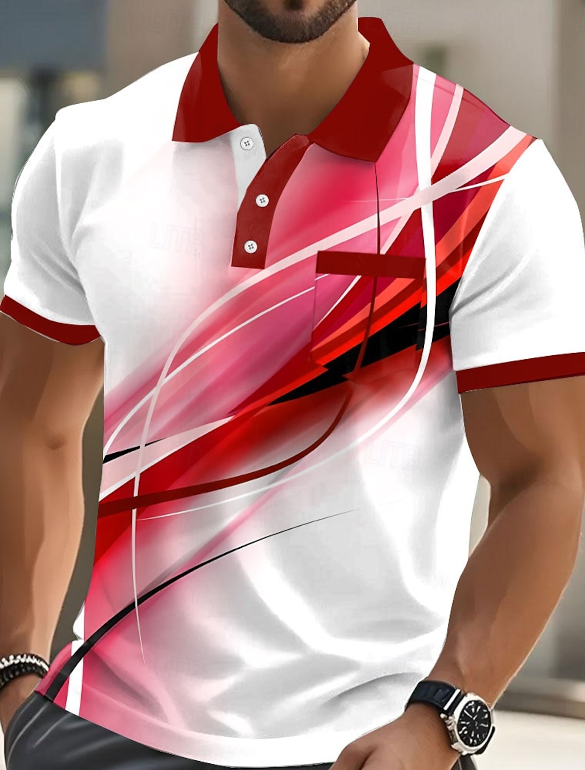 Men's Geometic Line Polo Shirts Short Sleeve Collared Business Casual