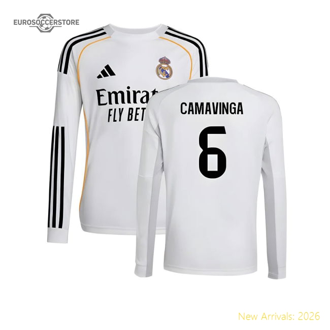 Popular 2025-2026 Real Madrid Long Sleeve Home Shirt (Kids) (Camavinga