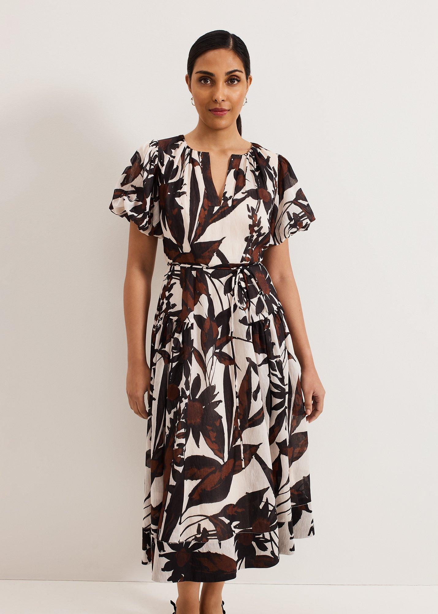 Petite Zarah Printed Puff Sleeve V Neck Midi Dress