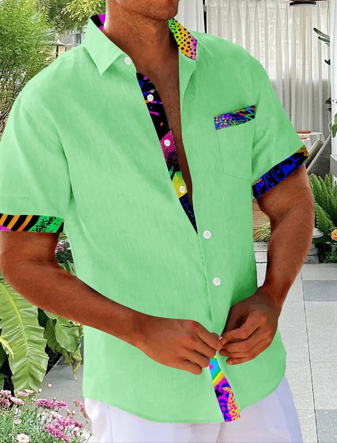 Men's Geometric Abstract Art Shirt Summer Shirt Button Up Shirt Short Sleeve Fashion Casual Daily Holiday Summer Spring Turndown 3D Print Front One Pocket Button Up Shirts Blue Yellow Green Rose Red