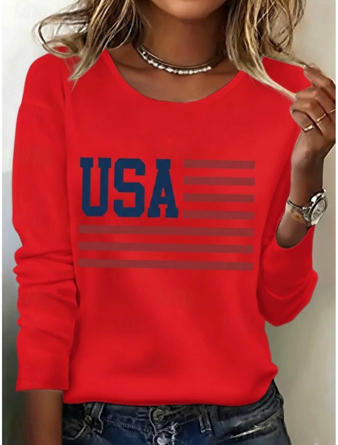 Independence Day PatrioticWomen's T Shirt Print Graphic Flag American Flag Stylish Classic Casual Long Sleeve Crew Neck Regular Tops Daily Blue Black White Red Summer Spring