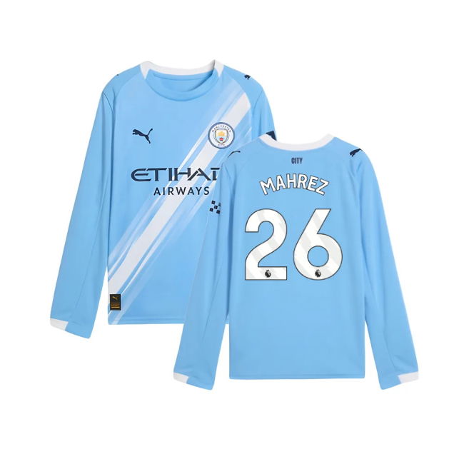 2025-2026 Man City Long Sleeve Home Shirt (Kids) (Mahrez 26) (Match...