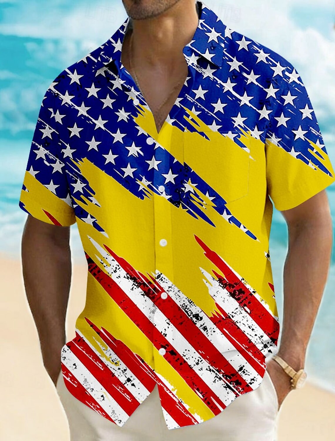Men's 4th of July U.S. 250th Anniversary American Flag Shirt Summer Shirt Button Up Shirt Short Sleeve Patriotic Outdoor Holiday Summer Spring Turndown 3D Print Front One Pocket Linen Like Shirt Blue