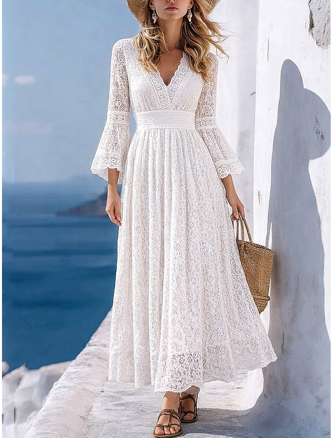Women's Maxi Dress White Lace Dress A Line Dress Casual Outdoor Going out Standard Fit Solid Color Long Sleeve V Neck White Summer Spring Fall