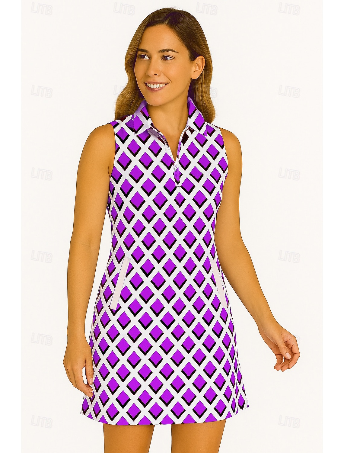 Women's Geometric Tennis Dress Golf Dress Sleeveless Dress Sleeveless Zipper UV Protection Elastic Breathable Tennis Golf Badminton Polo Collar Dress Yellow Blue Purple Tennis Clothing