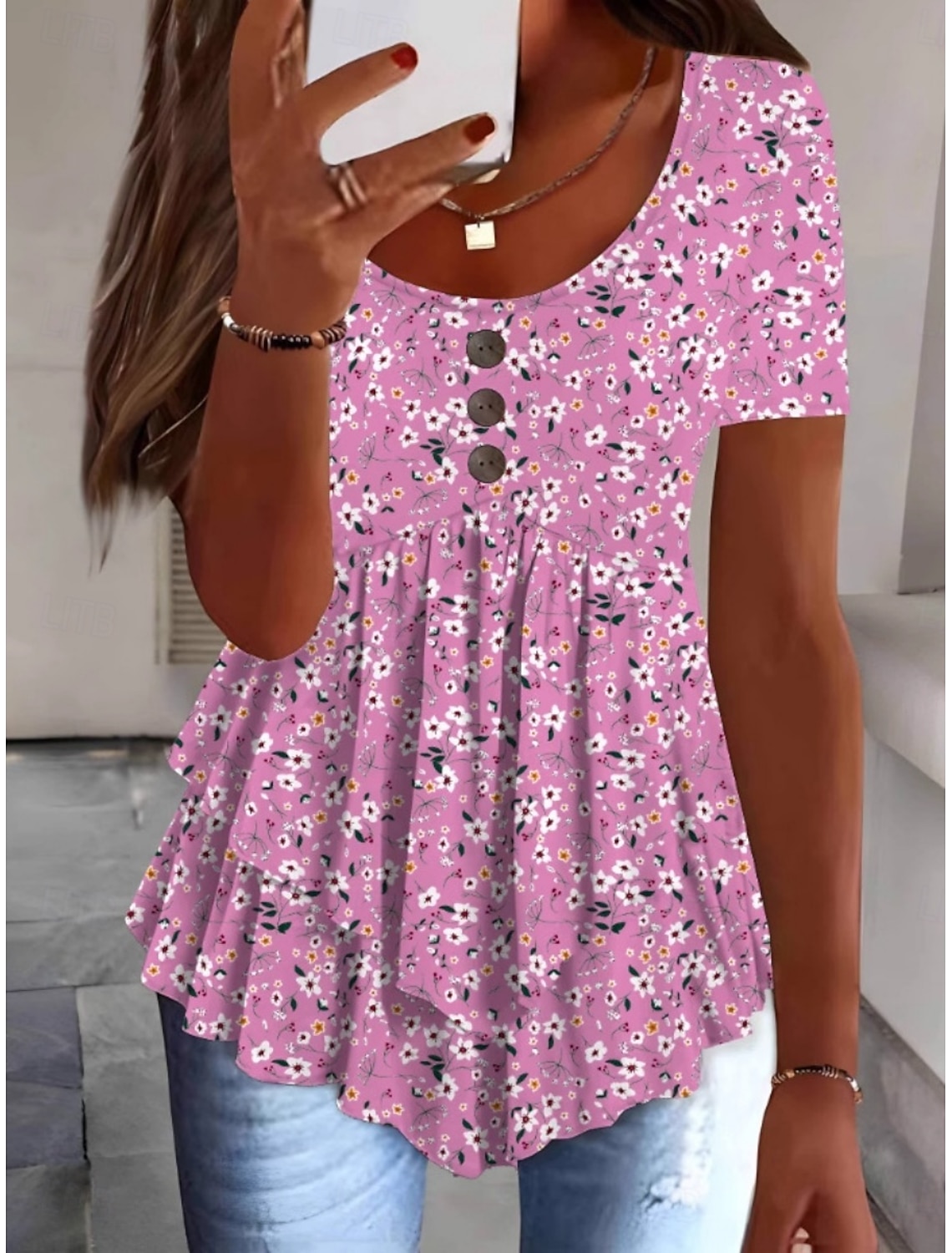 Women's Blouse Peplum Floral Stylish Casual Short Sleeve Crew Neck Regular Tops Daily Ruffle Buttons Print White Pink Red Navy Blue Blue Summer Spring