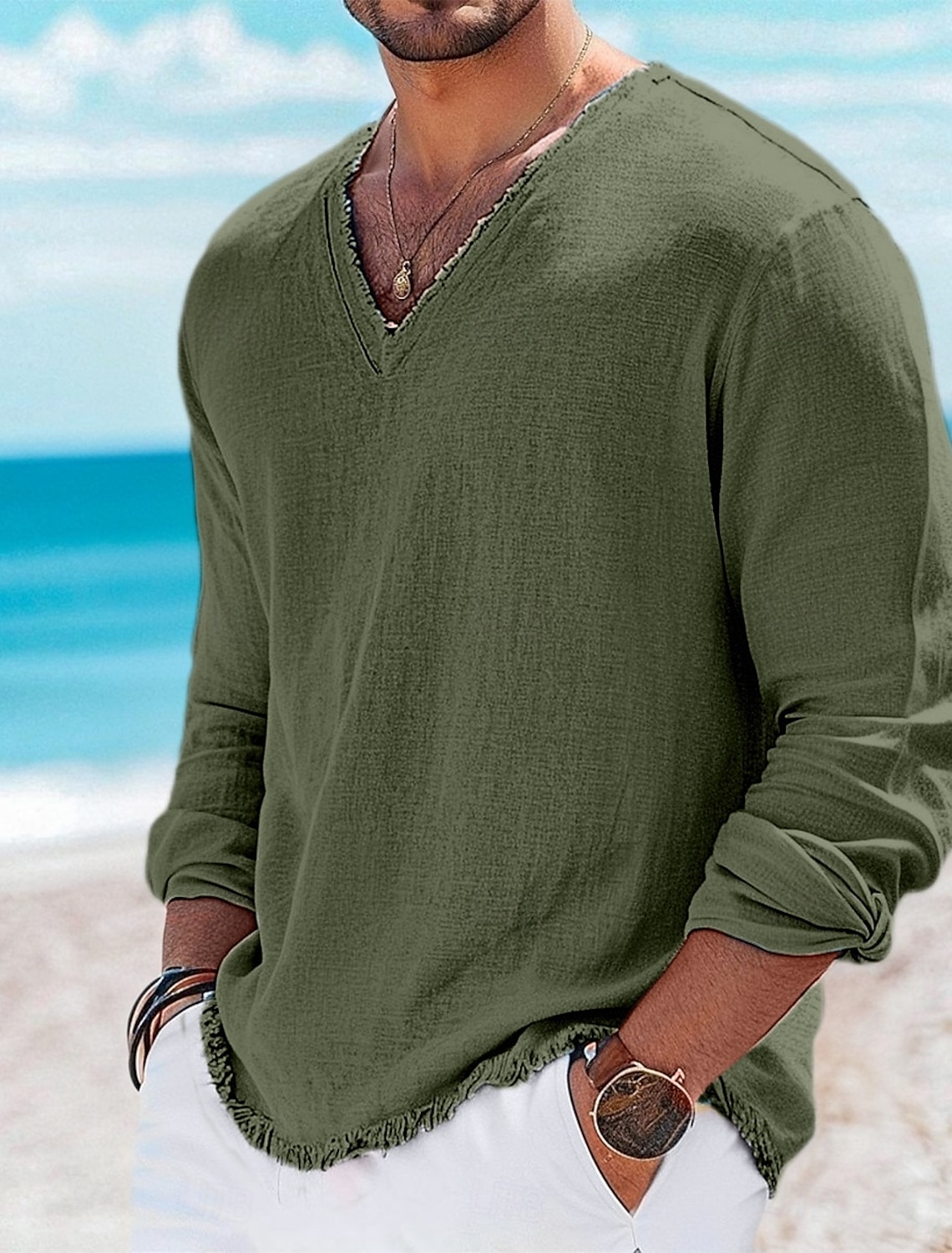 Men's Henley Shirt Tee Top Linen T-Shirt Long Sleeve Solid Color Plain