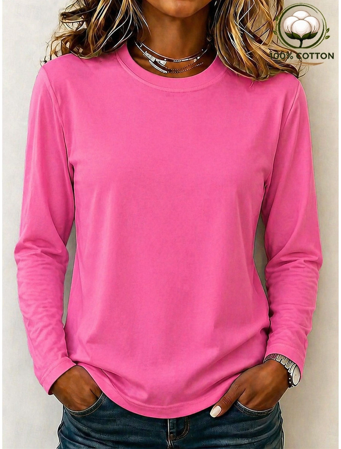 Women's 100% Cotton T-Shirts - Quality Heavy Long Sleeve Crew Neck Tee