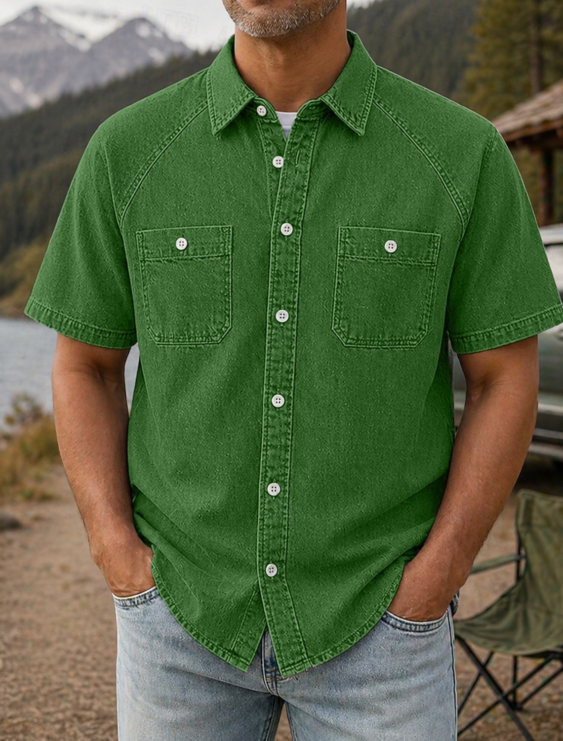 Men's Shirt Casual Shirt Work Shirt Garment Dyed Acid Wash Shirt Black Light Green Purple khaki Military Green Short Sleeve Plain Shirt Collar Casual Daily Front Pocket Clothing Apparel Cotton