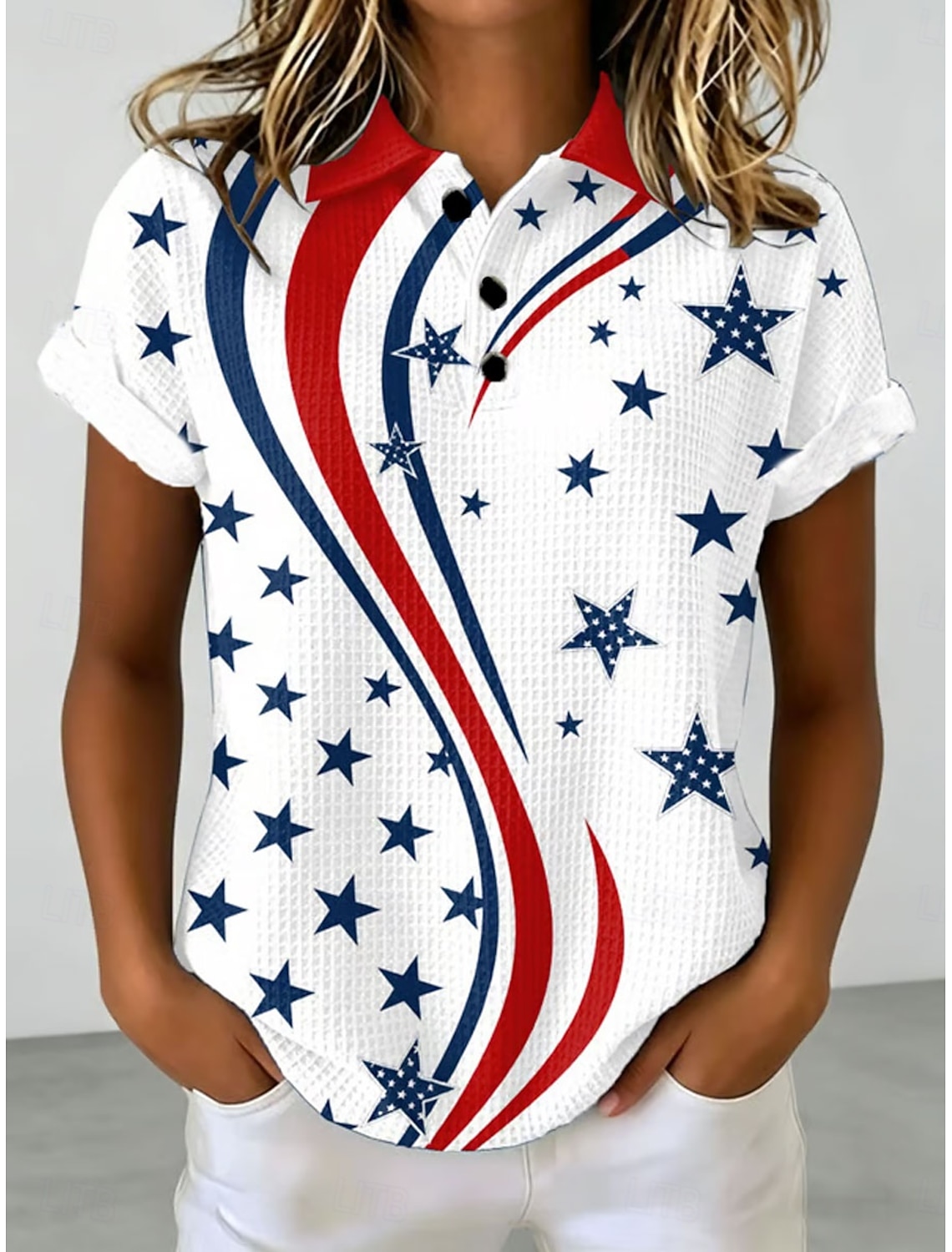 American Independence Day Women's Waffle Polo Shirts Graphic Flag Vintage Stylish Classic Short Sleeve Polo Collar Regular Tops Casual Daily White Red Summer Spring