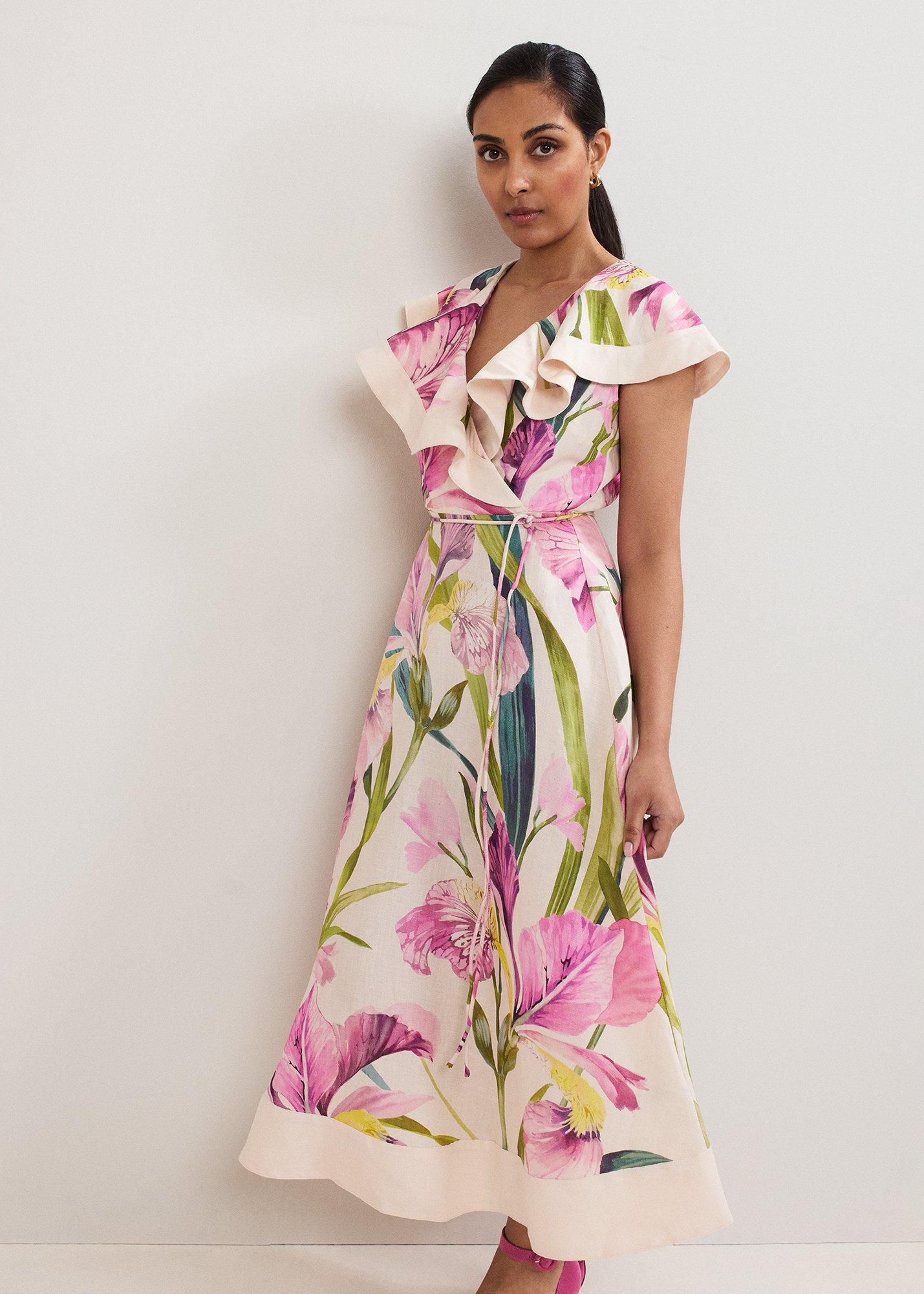 Petite Matilda Floral Linen Ruffle Midi Dress