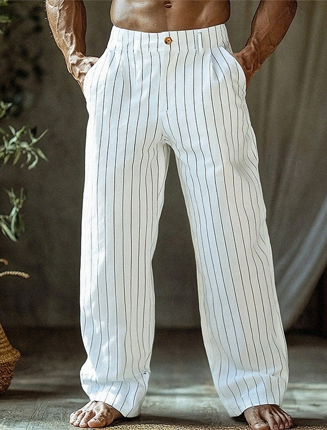 Men's Linen Pants Trousers Summer Pants Beach Pants Buttons Pocket Straight Leg Plain Comfort Breathable Vacation Daily Holiday Hawaiian Boho Black White