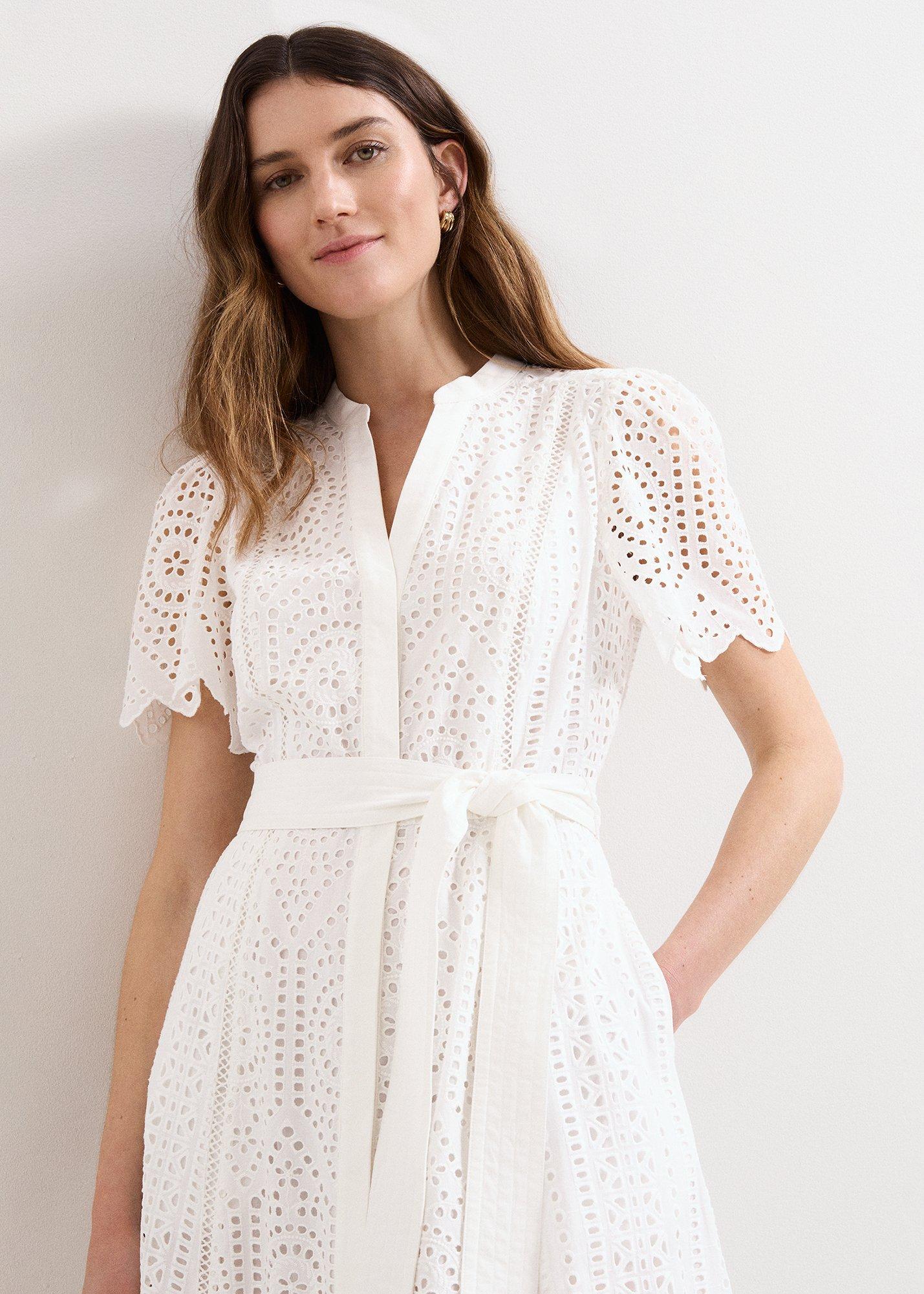 Petite Aletta White Broiderie Shirt Midi Dress