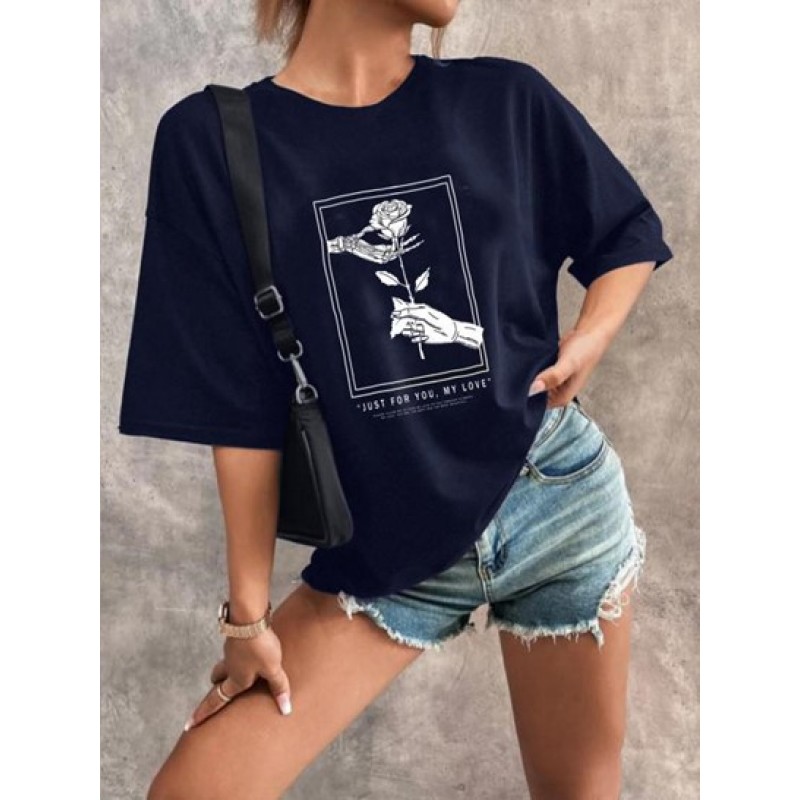 Skeleton Hand Rose Print Drop Shoulder T Shirt ZL1217