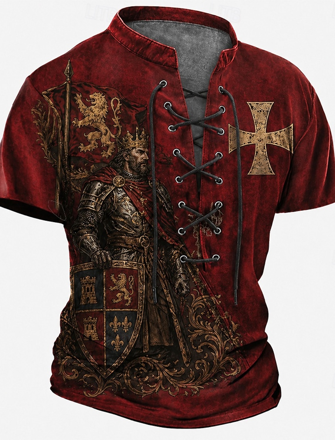 Knights Templar Crusader Armor Red Cross Raven Men's Medieval Renaissance Vintage Gothic Henley Shirt All Over Print Lace Up Short Sleeve Renaissance Faire Cosplay Costume Streetwear Designer Clothing