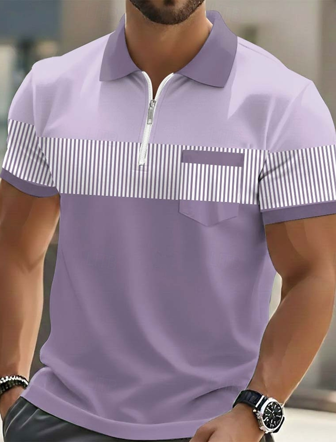 Men's Striped Polo Shirts Short Sleeve Polo Shirts Lapel Casual Outdoor Holiday Daily Wear Pocket 3D Print Summer Blue Purple Green