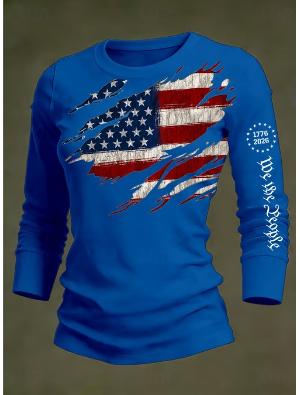 Independence Day American Anniversary Patriotic Women's T Shirt Graphic Flag Stylish Classic Casual Long Sleeve Crew Neck Round Neck Daily Print White-Blue White Light Blue