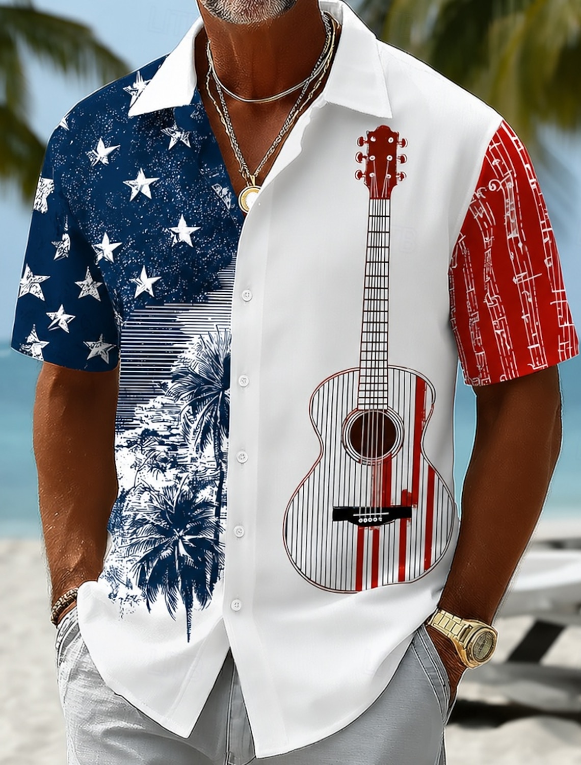 Men's 4th of July U.S. 250th Anniversary Guitar American Flag Shirt Summer Shirt Tropical Shirts Short Sleeve Patriotic Vacation Holiday Summer Spring Turndown 3D Print Button Up Shirts Blue Dark