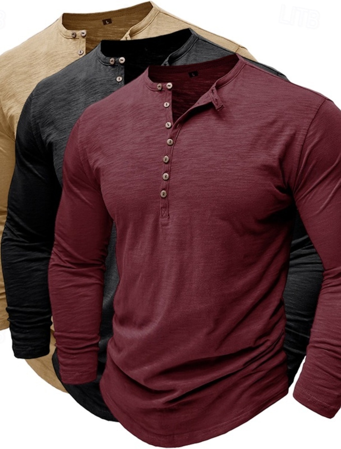 3pcs Men's Henley Shirt Tee Top Long Sleeve Solid Color Fashion Daily