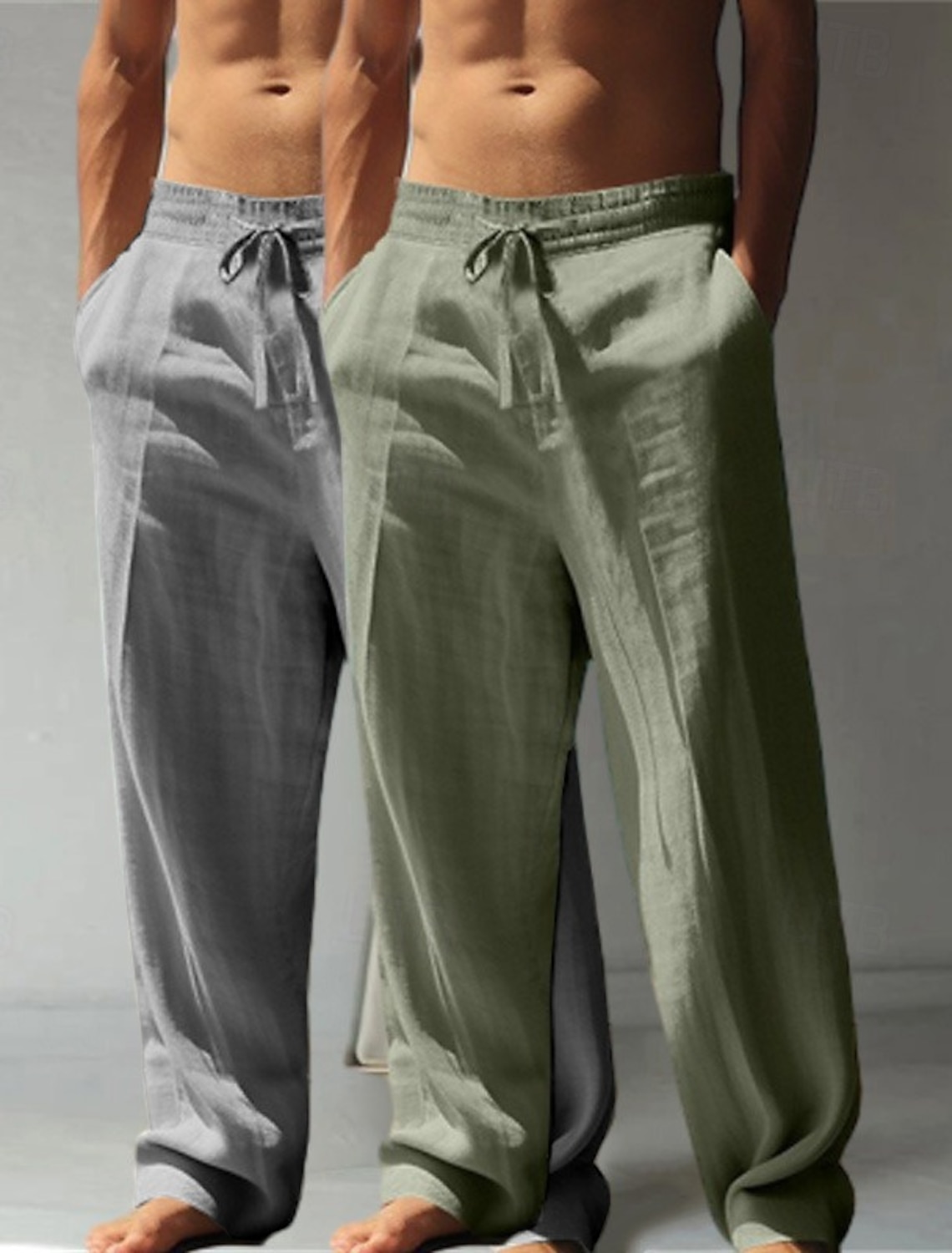 Men's Linen Pants Trousers Summer Pants Baggy Pants Beach Pants Drawstring Elastic Waist Straight Leg Plain Comfort Breathable Full Length Casual Daily Holiday Vacation Classic Style Green+Gray