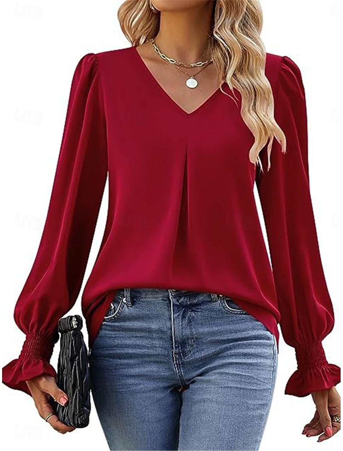 Women's Shirt Blouse Basic Casual Solid Color Regular Tops Long Sleeve V Neck Regular Fit Daily Fall Winter