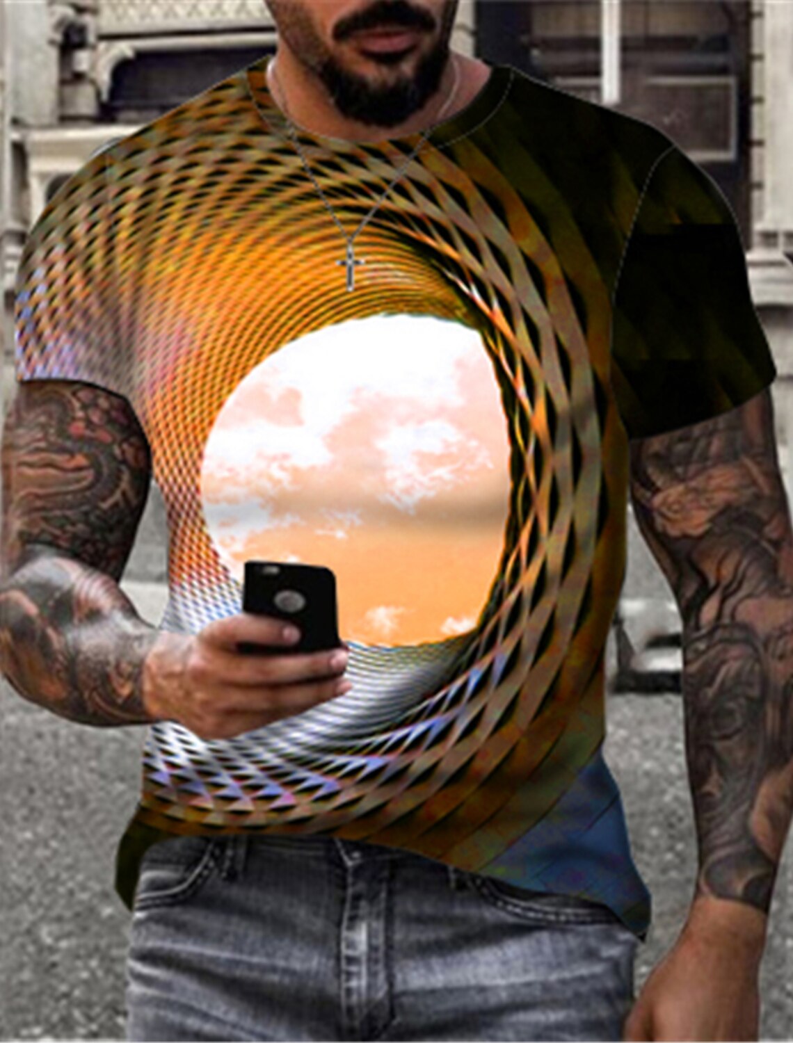 Men's Optical Illusion Clouds T Shirt Short Sleeve 3D Print Round Neck