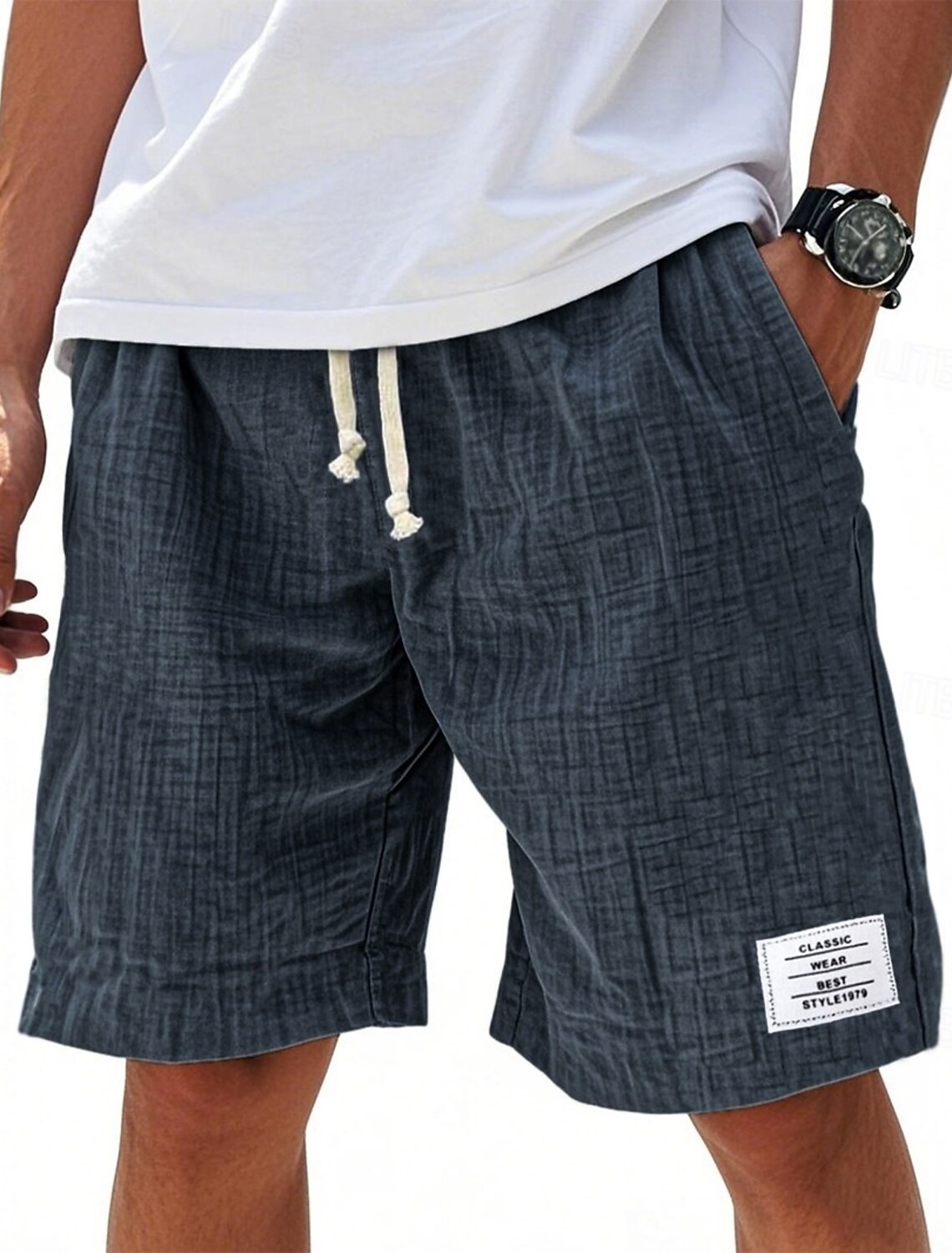 Men's Shorts Summer Beach Casual Drawstring Elastic Waist Solid Color