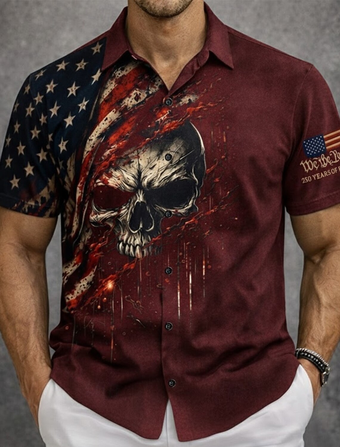 Men's Skull 4th of July U.S. 250th Anniversary US Flag Shirt Button Up Shirt Short Sleeve Patriotic Outdoor Holiday Summer Spring Turndown 3D Print Collared Shirts Black Dark Red Dark Blue