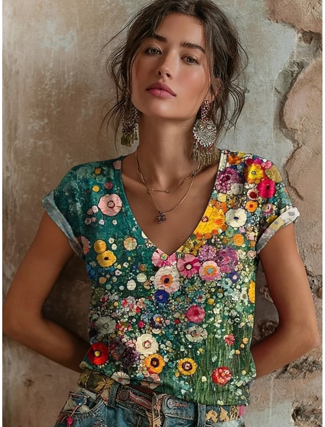 Women's T Shirt Print Floral Graphic Vintage Stylish Classic Short Sleeve V Neck Regular Tops Daily Ash Black Light Green Red Green Summer Spring