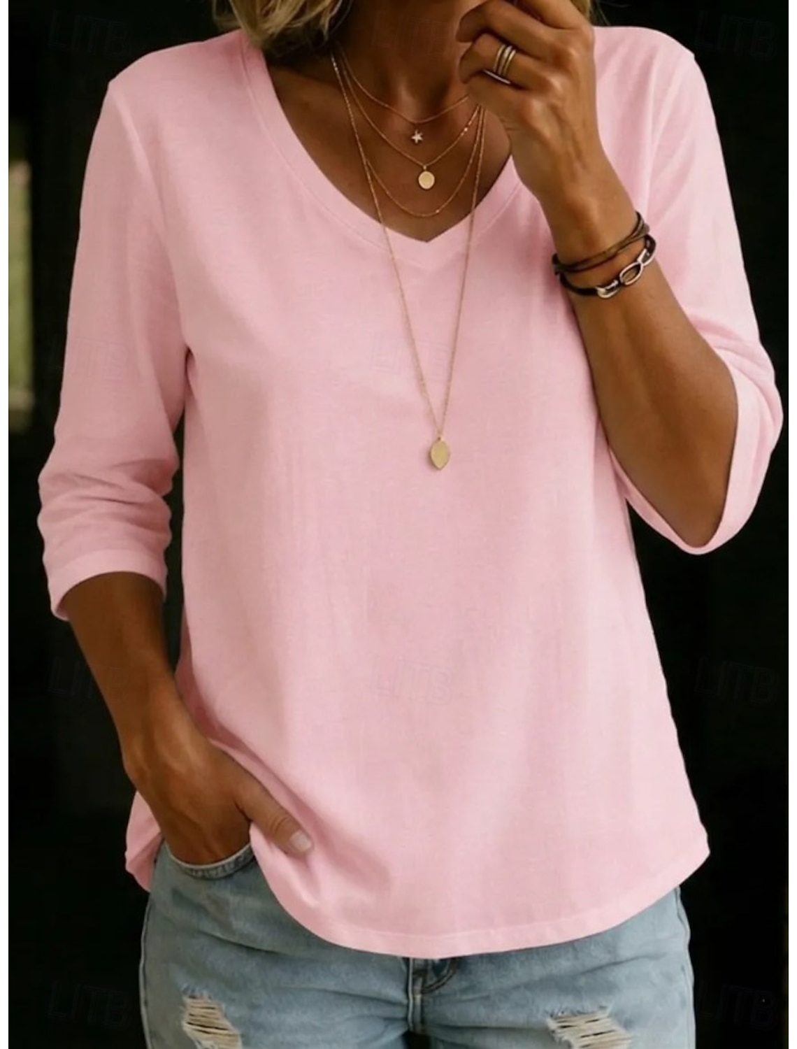 Women's 100% Cotton T-Shirts - Quality Heavy Long Sleeve Crew Neck Tee