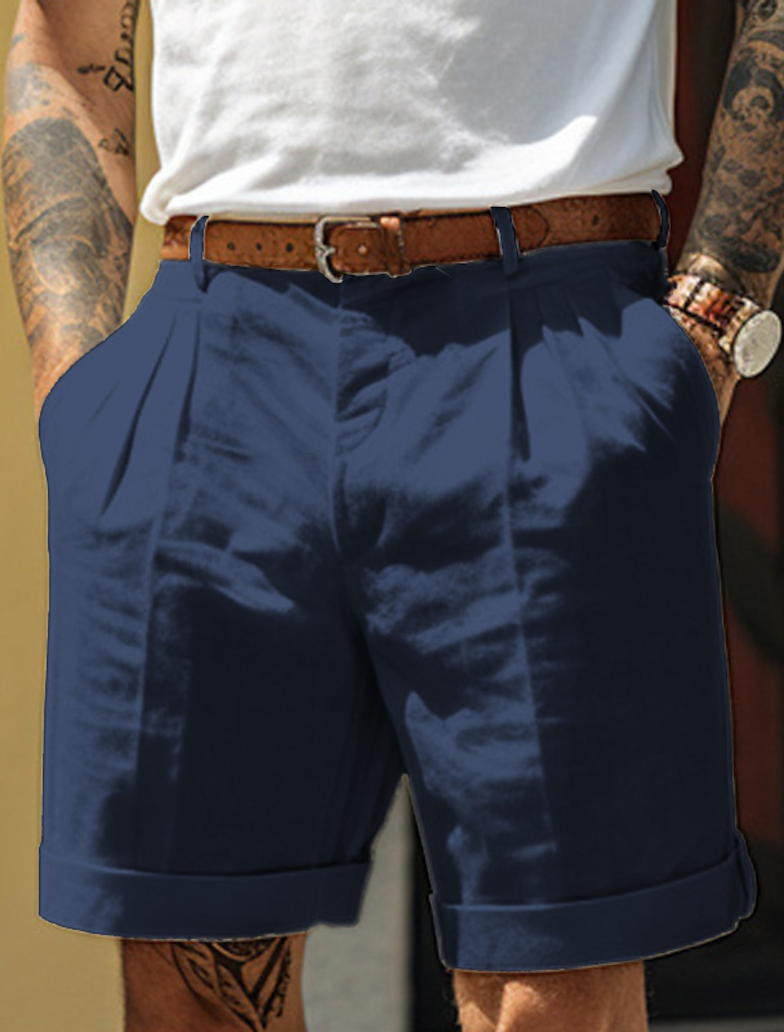 Men's Shorts Linen Shorts Dress Shorts Summer Shorts Pleated Shorts Pocket Pleats Straight Leg Plain Comfort Breathable Short Casual Daily Holiday Fashion Designer Black White