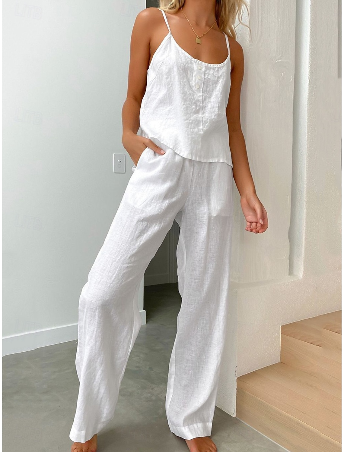 Women's Cotton Linen Sets Two Piece Sets Camis Sleeveless Crew Neck Plain Fashion Streetwear Casual Daily Outdoor Blue White Light Grey Summer Regular Fit