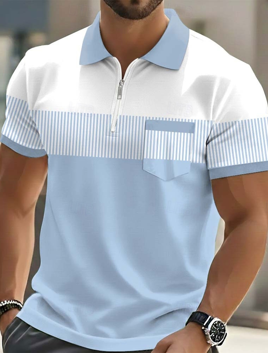 Men's Striped Polo Shirts Short Sleeve Polo Shirts Lapel Casual Outdoor Holiday Daily Wear Pocket 3D Print Summer Blue Purple Green