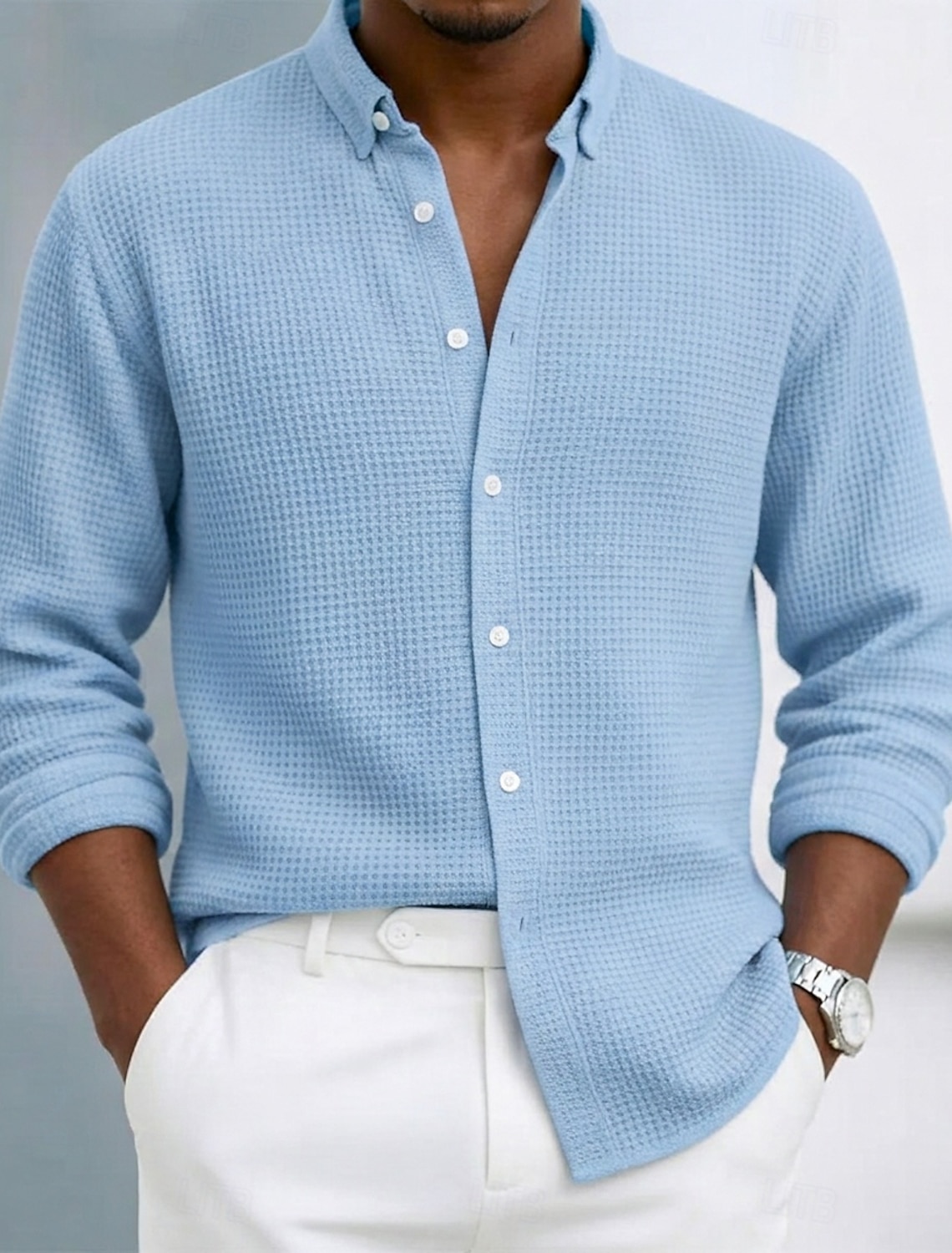 Men's Shirt Waffle Texture Casual Button Up Black White Wine Navy B #1